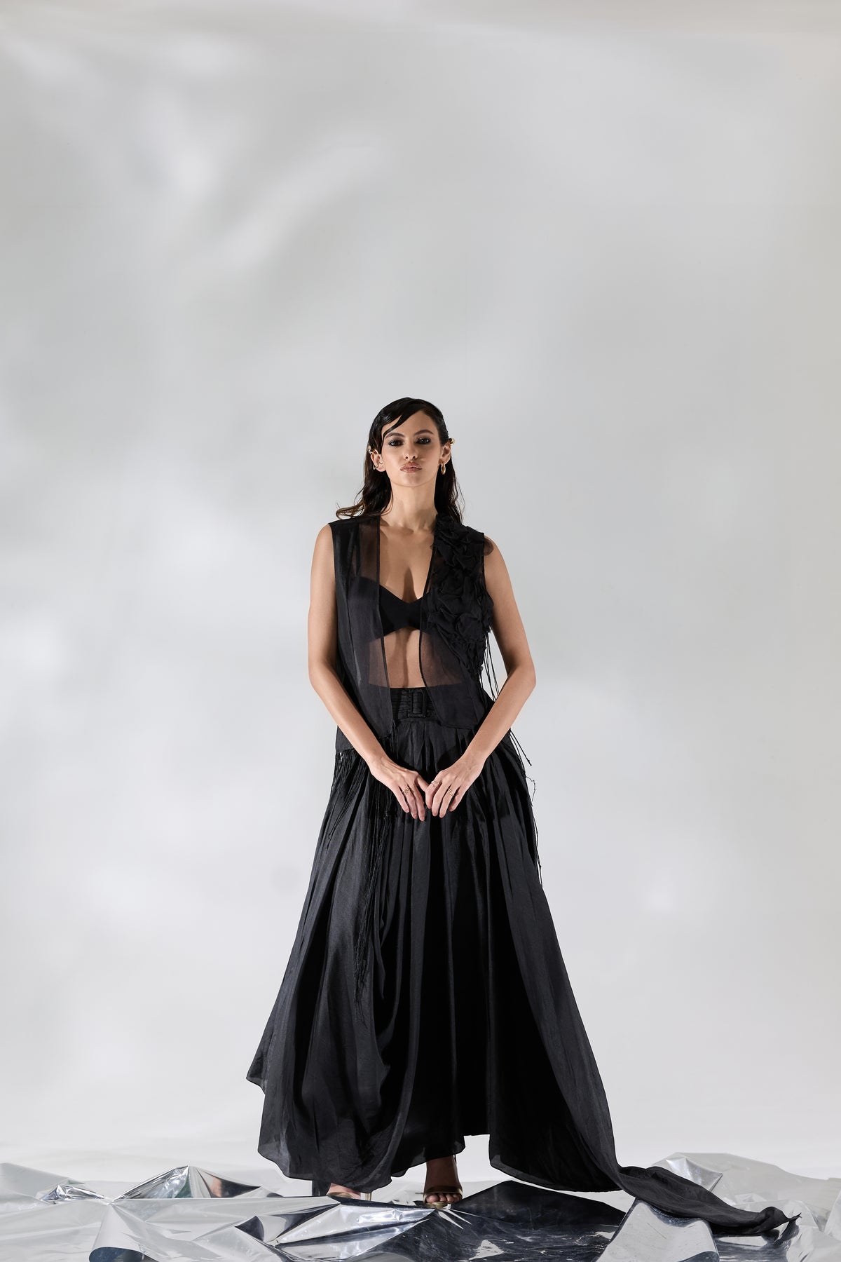 Fringe Veil Half And Half Jacket Skirt Set - Jacket
