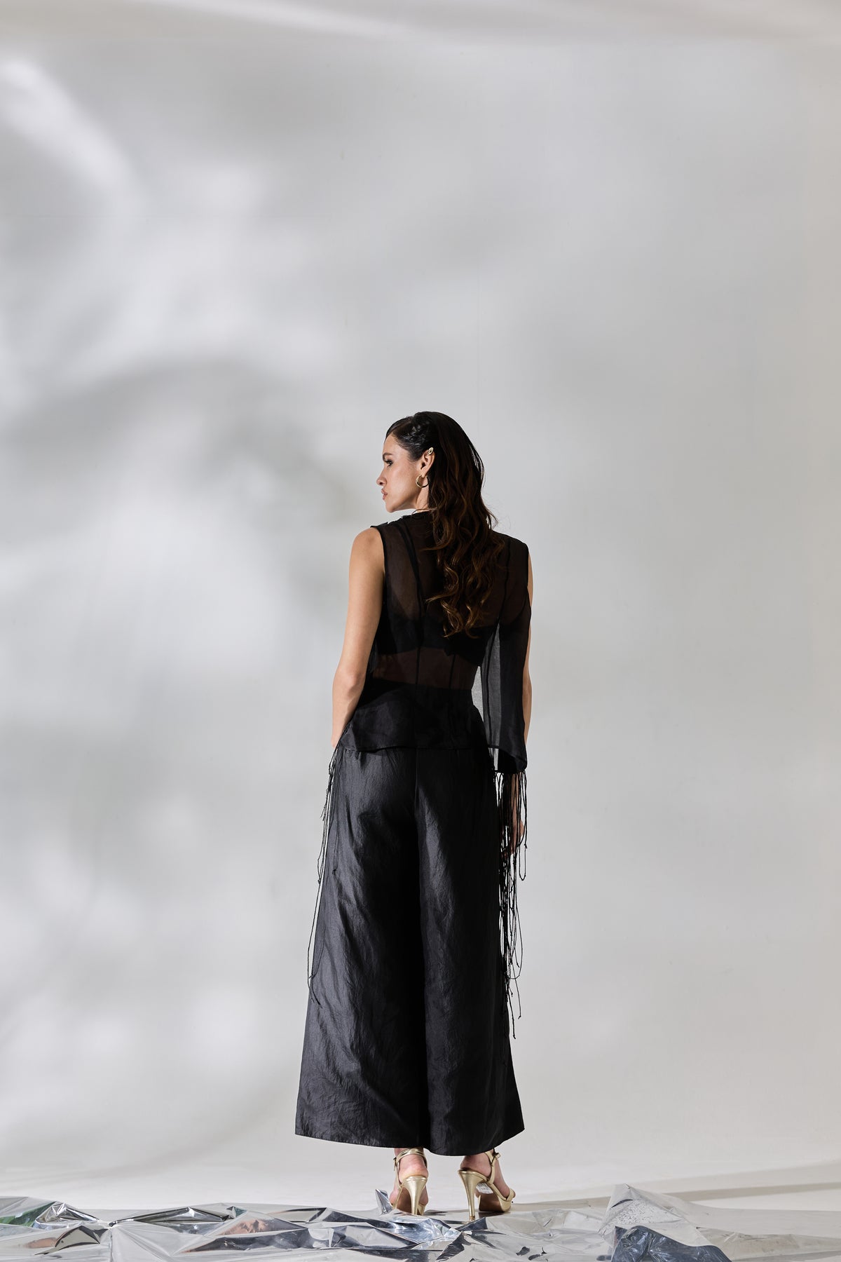 Fringe Veil Half And Half Jacket Pants Set - Pants